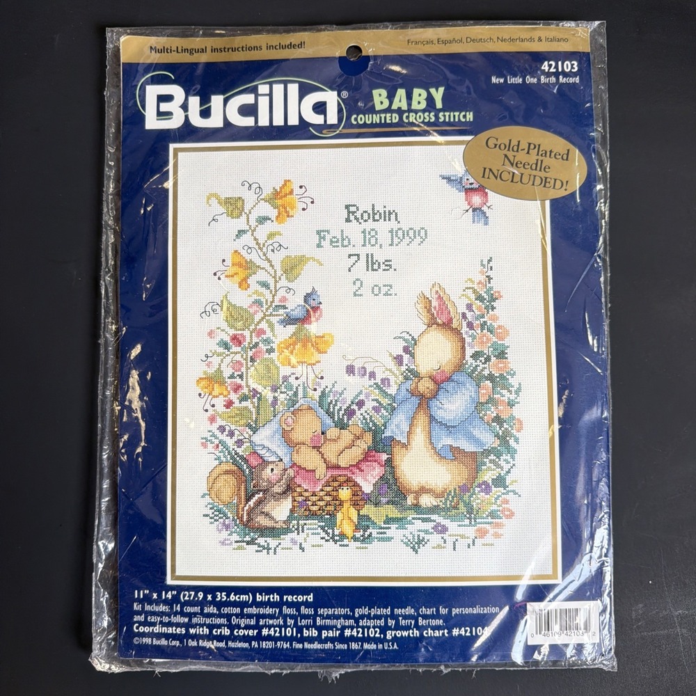 Vintage 1998 Bucilla Cross Stitch Kit Baby Little One Birth Record SEALED